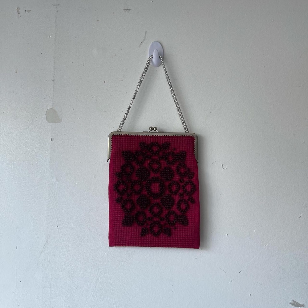 Vintage Red Burgundy Small Rectangle Knit Crochet Bag w/ Silver Chainlink Handle